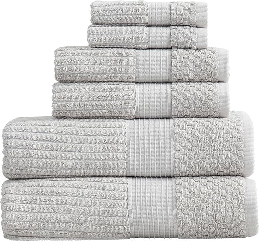 Springtree Home 100% Cotton Towel Set | 6 Piece Set | Super Soft & Absorbent Quick-Dry 2 Bath Towels 2 Hand Towels & 2 Washcloths | Textured and Durable Cotton | Krista Collection - High Rise Grey