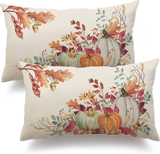 DFXSZ Fall Pillow Covers 12x20 inch Set of 2 Orange White Pumpkin Fallen Leaves Decorative Outdoor Throw Pillow Covers Autumn Thanksgiving Farmhouse Decoration for Home Couch TH27-A12