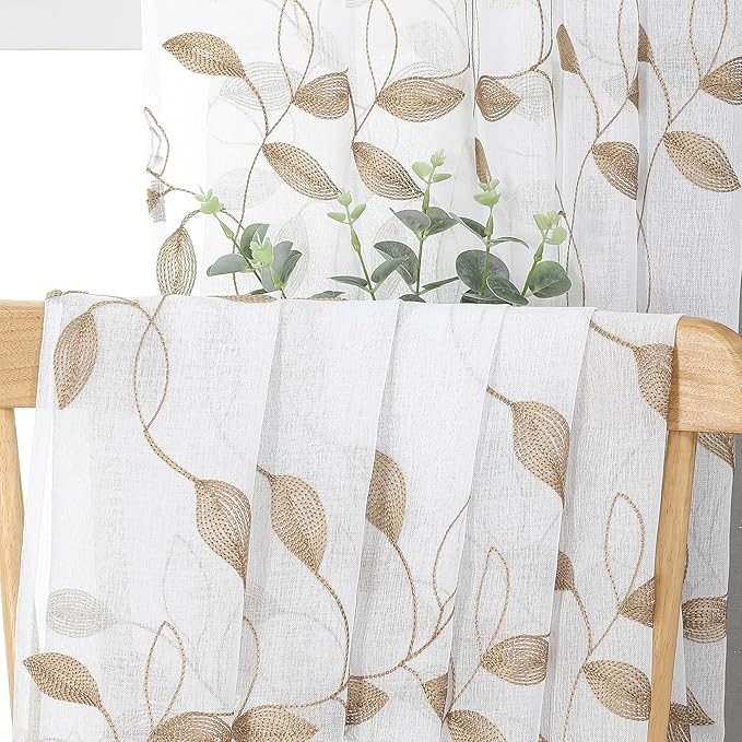 Tollpiz Taupe Leaf Sheer Curtains Leaves Embroidered Living Room Short Curtain Rod Pocket Voile Window Treatments for Bedroom, 54 x 45 inches Long, Set of 2 Panels