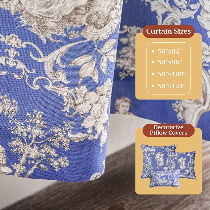 Maison d' Hermine Curtains for Living Room 100% Cotton 96 inch Length Two Panels Light Filtering Toile Curtains for Bedroom Windows with Rod and Loop Pockets Drapes (Joli Jouy Blue, 50" W x 96" L)