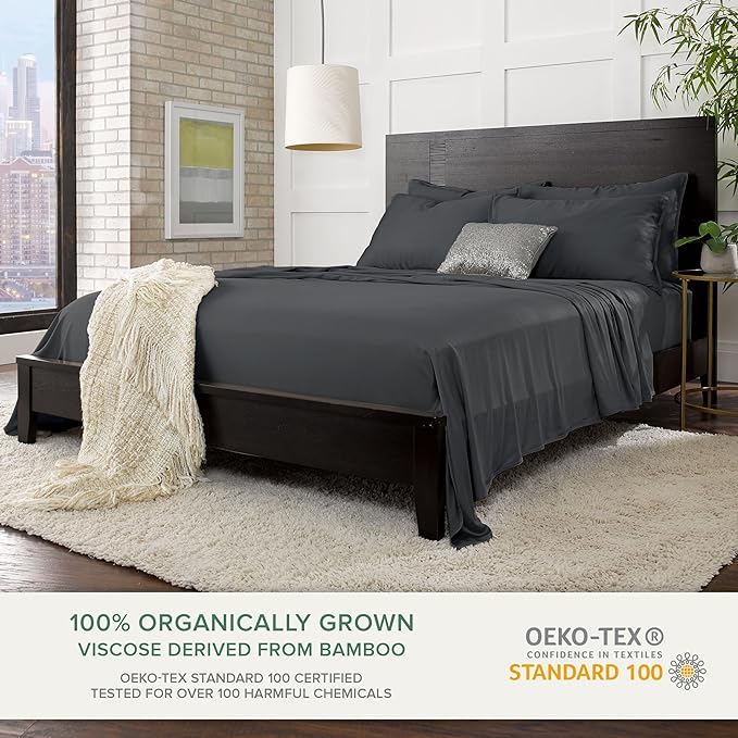 Pure Bamboo California King Sheets, Genuine 100% Organic Viscose Derived from Bamboo Bed Sheet Set, Soft & Cooling, Double Stitching, 2 Year Quality Promise (California King, Charcoal)