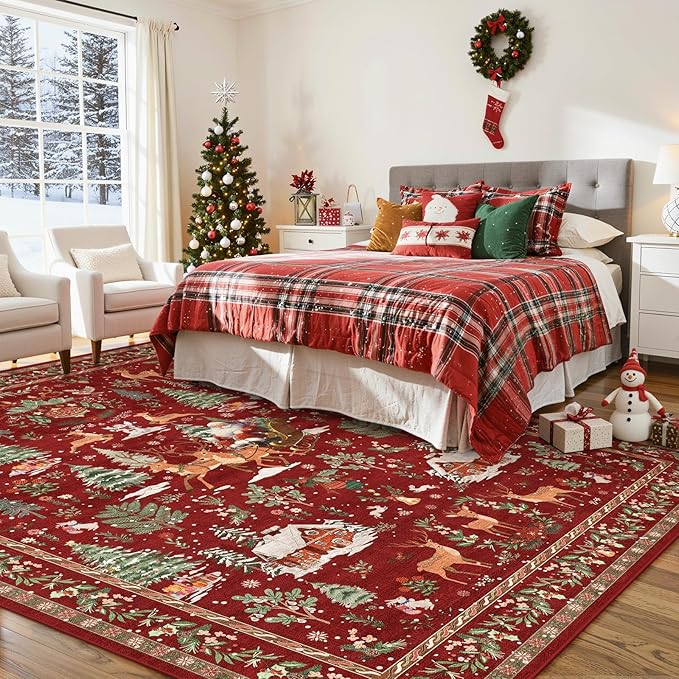 Lahome Christmas Rug for Living Room, 8x10 Soft Large Rug for Bedroom, Christmas Tree Santa Claus Non Slip Washable Red Xmas Indoor Floor Carpet for Dining Room Holiday Decor