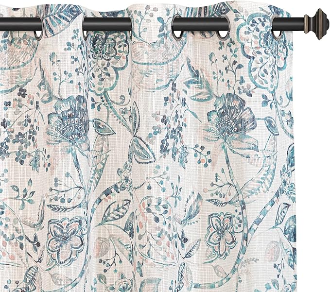 MYSKY HOME Floral Curtains Cotton Curtains 84 Inch Length Semi Sheer Curtains Light Filtering Curtains for Living Room Bedroom Floral Printing Window Treatment Grommet 2 Panels,Green