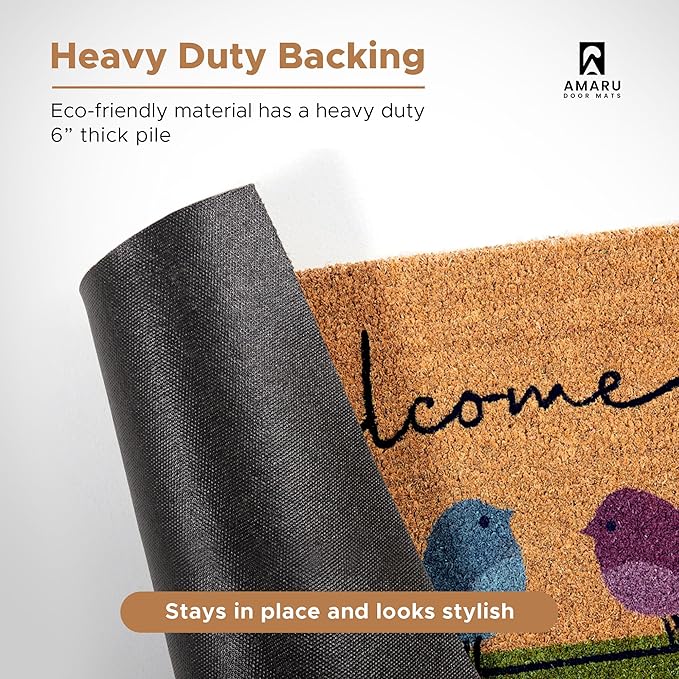 Colorful Birds - 17"x29" - Coir Door Mat with Heavy Duty Backing - Welcome Mats for Entryway, Porch - Anti-Slip PVC & Coconut Fiber Surface - Natural Home Accessories, Minimalist Original Design
