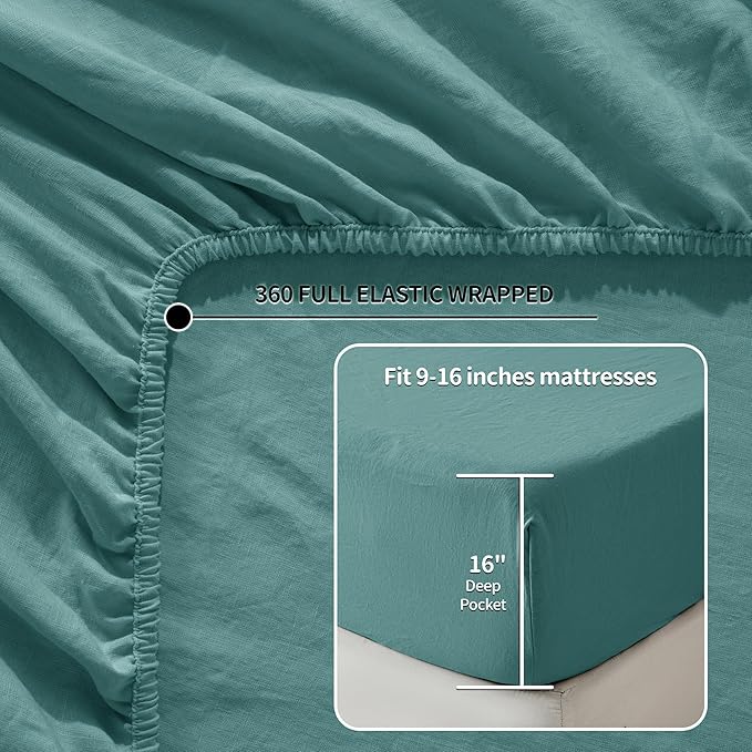 LBRO2M 100% Linen Sheet Set Queen Size,Bed Sheets 4 Piece Sets,Solid Color Natural Flax Bed Sheets Soft Breathable Bedding,16" Deep Pocket,All Season (Queen, Aqua)