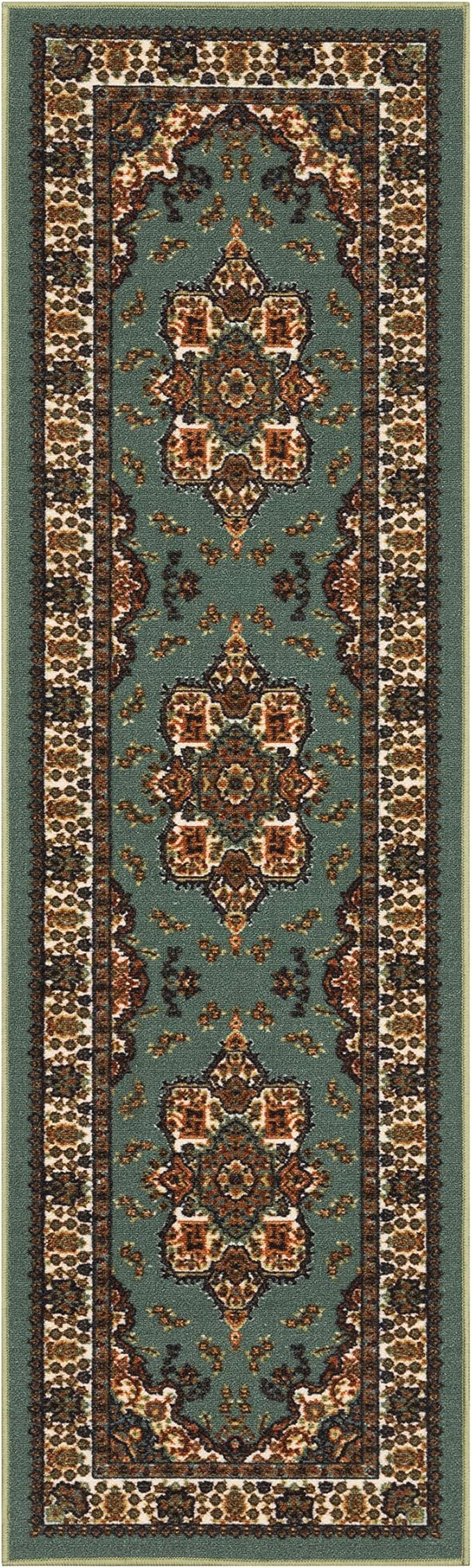 Antep Rugs Alfombras Oriental Traditional 2x10 Non-Skid (Non-Slip) Low Profile Pile Rubber Backing Indoor Area Runner Rugs (Green, 2' x 10')