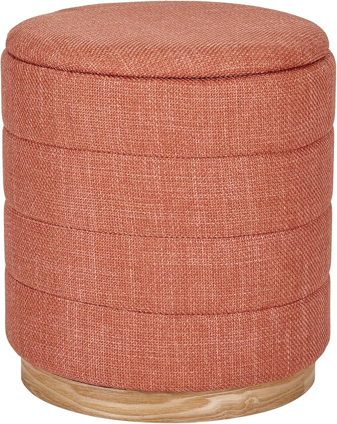 Round Ottoman with Storage โ Elegant Durable Linen Upholstered Footrest Bench for Living Room, Cylinder Vanity Stool โ Coral Orange
