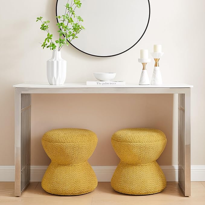 Multi-Functional Boucle Ottoman, Vanity Stool Chair, Sturdy Rotating Wooden Footstool, Suitable for Living Room, Bedroom, and Entryway, Without Installation, Swivel, Yellow