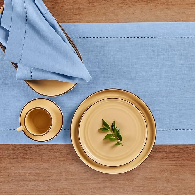 Solino Home Linen Cornflower Blue Table Runner 90 Inches Long - 100% Pure Linen Hemstitch 14 x 90 Inch Table Runner for Dining, Christmas, Holiday - Classic Hemstitch