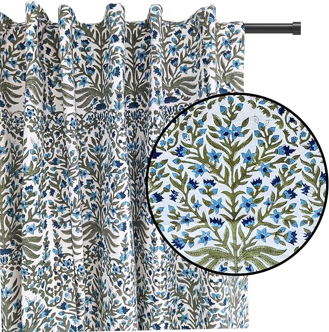 ATOSII 100% Cotton Single Panel Floral Block Print Curtain, Easy Hanging with Rod Pocket & Loop, Living Room, Dining Room, Bedroom Light Filtering Boho Curtains, Set of 1, 60" W X 108" L, Nargis Blue