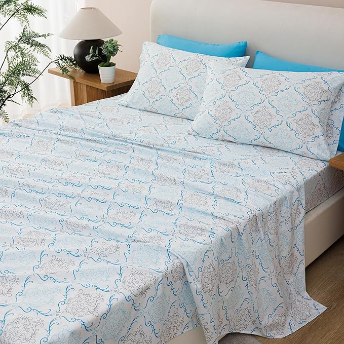 Queen Size Bed Sheets Set Deep Pockets - 6PC Floral Ultra Soft Microfiber Bed Sheets - Easy to Clean, 90 Thread Count Sheets with Fitted Sheet, Flat Sheet & Pillowcases (Turquoise Medallion)