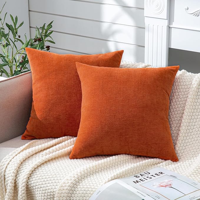 GAWAMAY Decorative Square Throw Pillow Covers 22"x22" Inch Set of 2, Super Soft Chenille Pillows Farmhouse Fall Pillowcase for Living Room Bedroom Sofa Couch Cushion Cover Burnt Orange 55x55cm