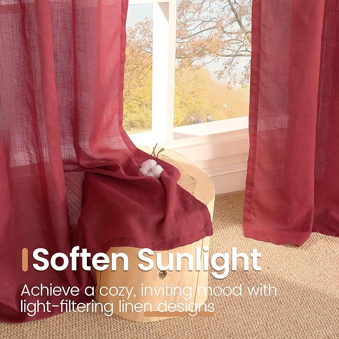 BGment Burgundy Semi Sheer Curtains for Living Room 84 Inch Length 2 Panels Set, Linen Textured Window Drapes Light Filtering with Rod Pocket for Bedroom Christmas Decor Lightweight, 52 X 84 Inch