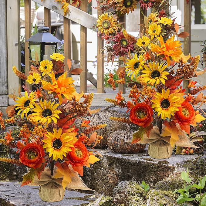 2 Pack Fall Table Decor, 19.6" Artificial Tabletop Fall Tree with Maple Leaves Sunflowers Fall Decorations for Indoor Outdoor Home Autumn Thanksgiving Table Centerpieces