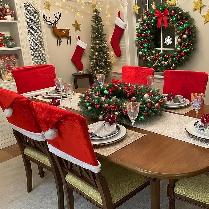 Christmas Chair Covers Hat Chair Back Covers for Xmas Holiday Chair Covers Set of 2, Stretch Parsons Chair Slipcovers Removable Washable Kitchen for Home Hotel Banquet Holiday Decoration