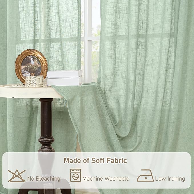 LAMIT Linen Curtains for Living Room, 84 inch Length, Light Filtering Semi Sheer Panels, Back Tab and Rod Pocket, Fresh Green, 52 x 84 Inch