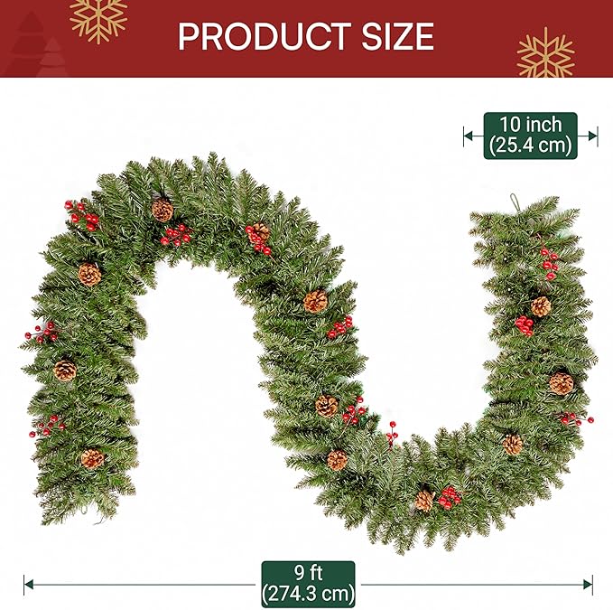 Joiedomi 9 FT Artificial Christmas Garland Prelit with 50 Count Warm White String Lights, Pine Cones and Red Berries for Christmas Holiday Xmas Season Decorations, Plug in Lighted Pine Garland