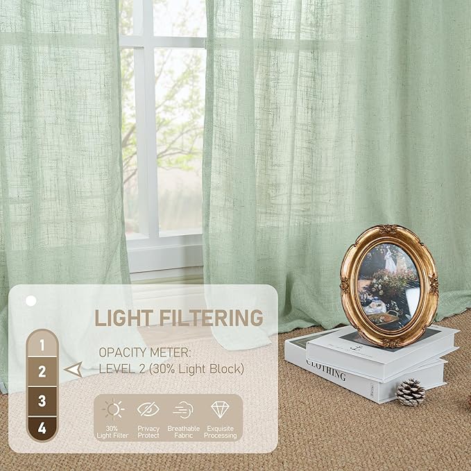 LAMIT Linen Curtains for Living Room, 84 inch Length, Light Filtering Semi Sheer Panels, Back Tab and Rod Pocket, Fresh Green, 52 x 84 Inch