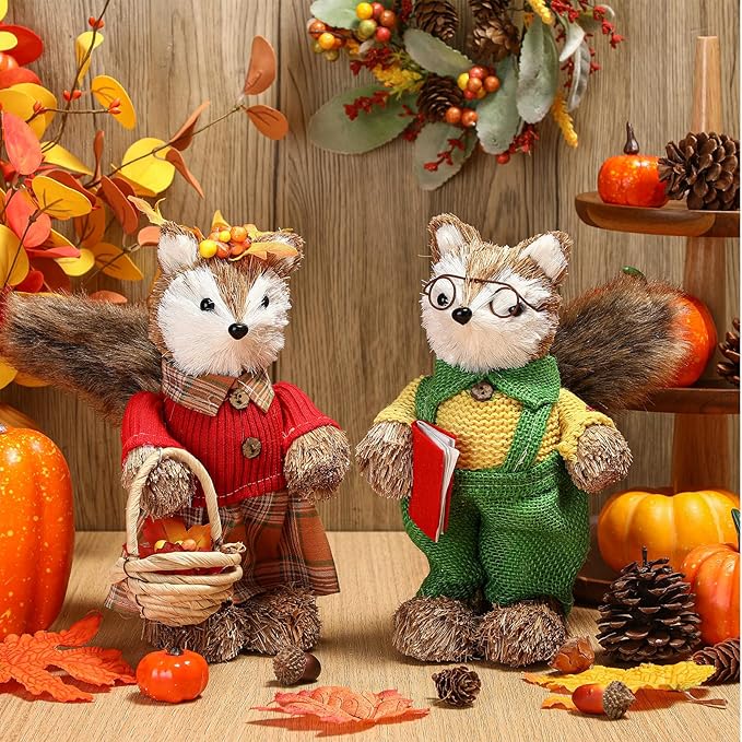 Namalu 2 Pack Fox Sisal Fall Decor Thanksgiving Decoration Indoor Sisal Figurine for Home Table Centerpieces Cute Handmade Fall Woodland Animal Statue for Autumn Harvest Office Cozy Shelf Decor