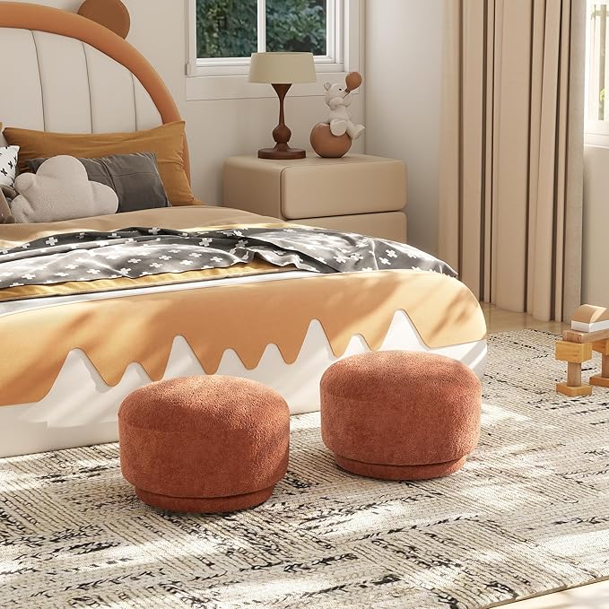 15" Small Foot Stool Ottoman Cute Foot Rest Round Mushroom Ottomans Modern Boucle Footstool Shoe Stool for Couch for Living Room Bedroom Entrance Orange