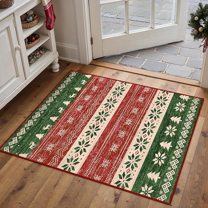 Christmas Red Area Rug 2x3 Washable Snowflake Carpet Non Slip Holiday Decorative Accent Doormat Xmas Boho for Entrance Bathroom Laundry Kitchen Dining Room
