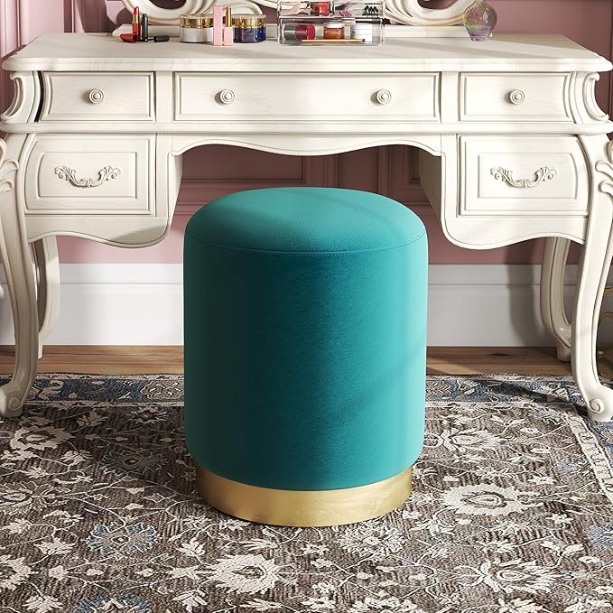 DAGONHIL Modern Round Pink Velvet Ottoman,Upholstered Floor Stools with Gold Plating Base,Accent Makeup Stool for Living Room,Bedroom and Kids Room,Pack of 1(Blue Green)