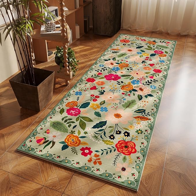 Rugcomf Runner Rug for Hallways Kitchen Rug Non Slip 2'6''x8' Washable Runner Rugs with Rubber Backing Soft Floral Carpet Runner for Hallways, Kitchen, Laundry, Bedroom, Bathroom(Green)