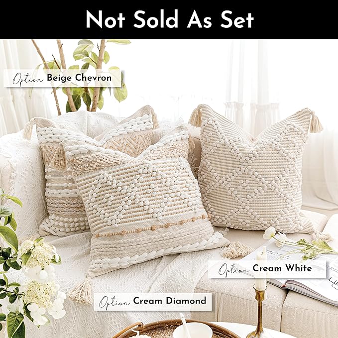 BlissBlush Cream White Boho Throw Pillow Cover 20X20, Boho Woven Textured Pillow Cover, Neutral Pillow Cover, Sofa Couch Bed Farmhouse Lumbar Pillow (Cover ONLY)
