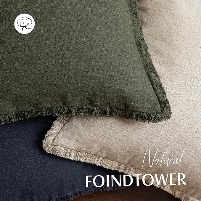 Foindtower Set of 2 Decorative Linen Fringe Throw Pillow Covers Cozy Farmhouse Cushion Cover with Tassels Accent Pillowcase for Couch Chair Sofa Bed Living Room Home Decor,24×24 Inch,Dark Olive Green