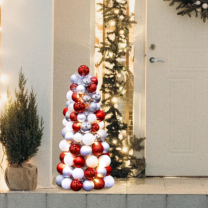 Amooca 16in Christmas Ball Tree with LED Lights Table Centerpiece Fireplace Decor Indoor Holiday Party Home Decoration Red White Silver
