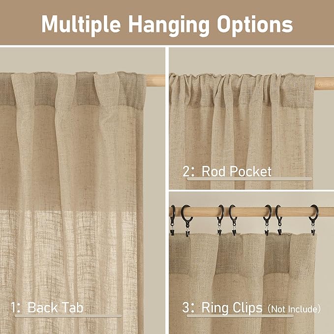 LAMIT Linen Blended Curtains for Bedroom, Faux Linen Textured Light Filtering Drapes Back Tab and Rod Pocket Boho Burlap Panels for Farmhouse/Living Room, 2 Panels, 38 x 84 Inch, Brown