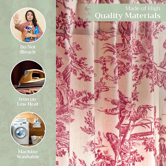 Maison d' Hermine Curtains for Living Room 100% Cotton 108 inch Length Two Panels Light Filtering Toile Curtains for Bedroom Windows with Rod and Loop Pockets Drapes (The Miller Red, 50" W x 108" L)