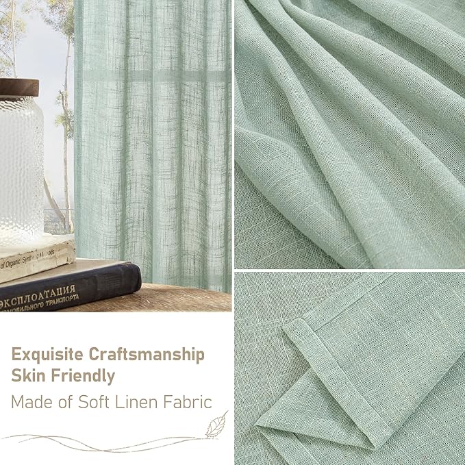 LAMIT 102 Inch Length Light Filtering Sheer Linen Curtains, Linen Textured Semi Sheer Back Tab and Rod Pocket Natural Boho Drapes for Living Room/Farmhouse, 2 Panels, Light Sage, 52 x 102 Inch