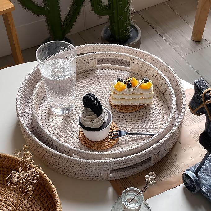 16.9" Round Rattan Tray, Hand Woven Serving Tray with Handles, Wicker Serving Basket, Decorative Tray for Home Decor, Whitewash