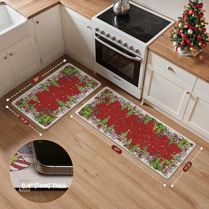 GENIMO Christmas Decorations - Kitchen Mats for Floor, 2PCS Christmas Kitchen Rugs, Cushioned Anti Fatigue Mat for Home Decor, Waterproof Non Slip Standing Mat for Laundry, 17.3"x47"+17.3"x30", Red