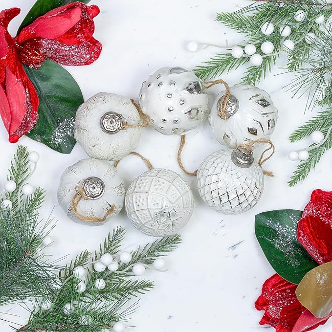 AuldHome Design Farmhouse Ball Ornaments (Set of 6, White); Distressed Metal Glass Ball Vintage Style Christmas Decorations