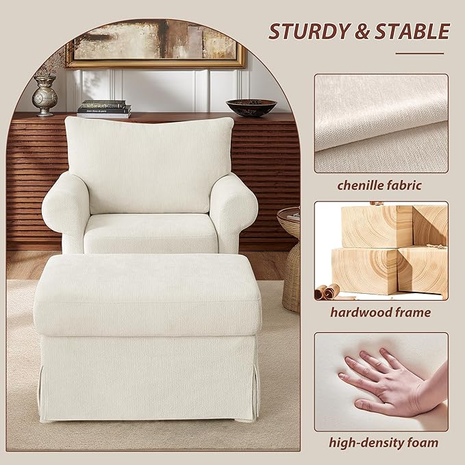Modern Living Room Chairs with Ottoman, Comfy Chenille Reading Armchair with Rolled Arms and Cushion Backrest, 35.8" W Oversized Chaise Lounge Chair for Bedroom, Study, Apartment, Beige