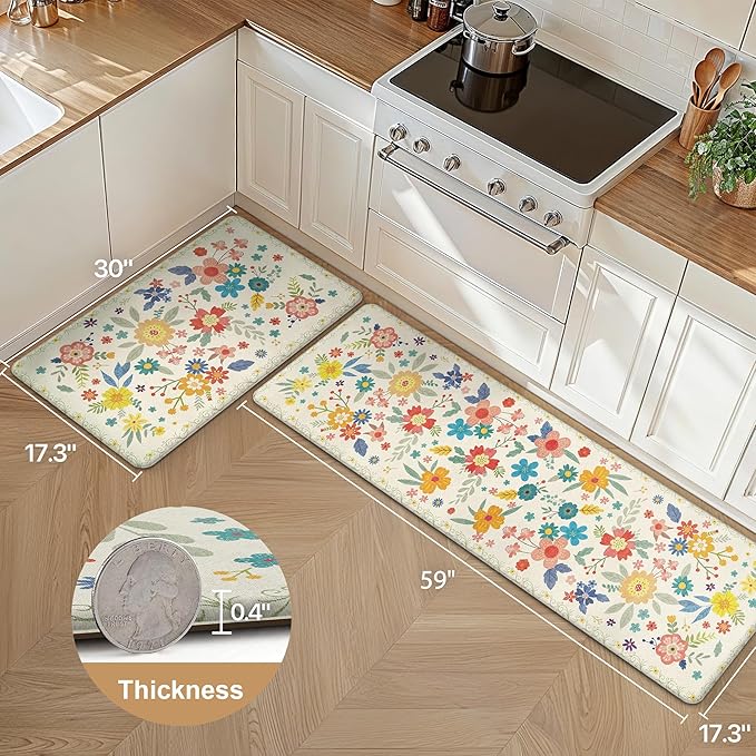 GENIMO Kitchen Mats for Floor 2PCS, Cushioned Kitchen Rugs Non Slip Washable, Farmhouse Anti Fatigue Mat Waterproof, Comfort Standing Mat Rug for Office, Home, Laundry, 17.3"x59"+17.3"x30", SoftWhite