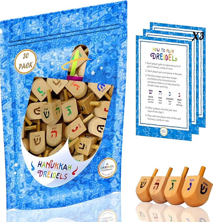 Natural Wood Dreidels Hanukkah Draydel with English Transliteration & Instruction Cards (25-Pack)