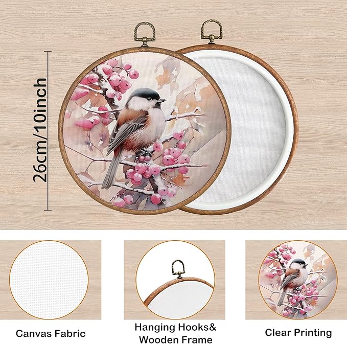 KSDUT Christmas Wall Decor Art - Pink Christmas Bird Wall Art Canvas Frame Hanging Prints, Winter Snowy Xmas Holiday Round Wall Art Decor for Home Farmhouse Decorations 10"x10"