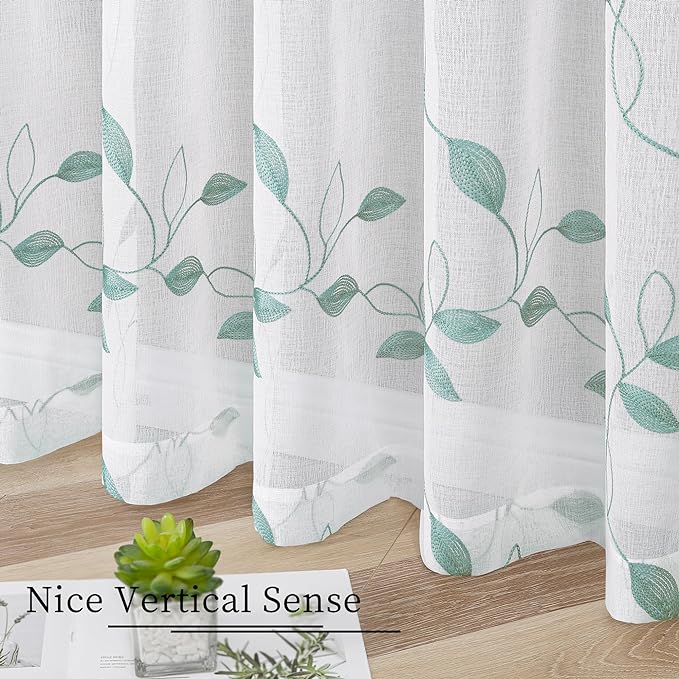 Tollpiz Teal Blue Leaf Sheer Curtain Leaves Embroidered Bedroom Curtains Rod Pocket Voile Window Treatment for Living Room, 54 x 95 inches Long, Set of 2 Panels