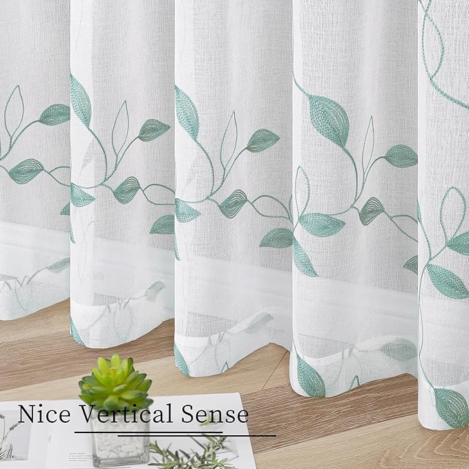 Tollpiz Teal Blue Leaf Sheer Curtain Leaves Embroidered Bedroom Curtains Rod Pocket Voile Window Treatments for Living Room, 38 x 63 inches Long, Set of 2 Panels