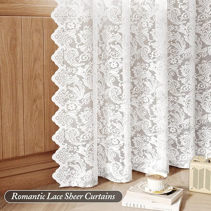 96-Inch Pure White Lace Sheer Curtains – Vintage Floral Lace for Bedroom/Living Room, Light Filtering Rod Pocket Drapes, Privacy Chic Window Treatments, 52W x 96L Inch, 2-Panel Set