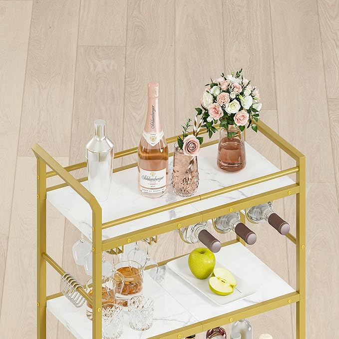 3 Tier Bar Cart, Home Bar Serving Cart with Wheels, Small Rolling Beverage Cart with Glass Holders, Mini Drink Cart with Wine Rack for Kitchen Dining Living Room Gold GBC507G