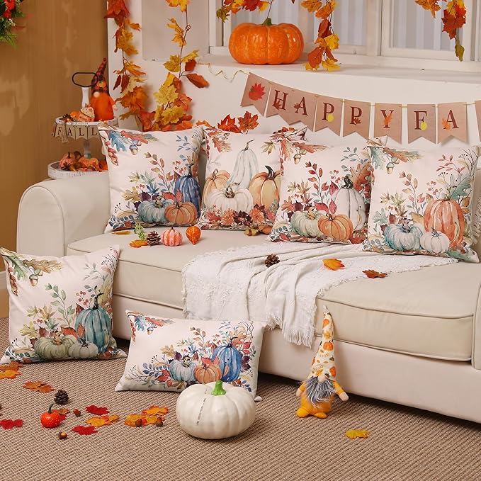DFXSZ Fall Pillow Covers 20x20 inch Set of 2 Blue and Green Watercolor Pumpkin Fallen Leaves Decorative Throw Pillow Covers Autumn Thanksgiving Farmhouse Decoration for Home Couch TH27-E20