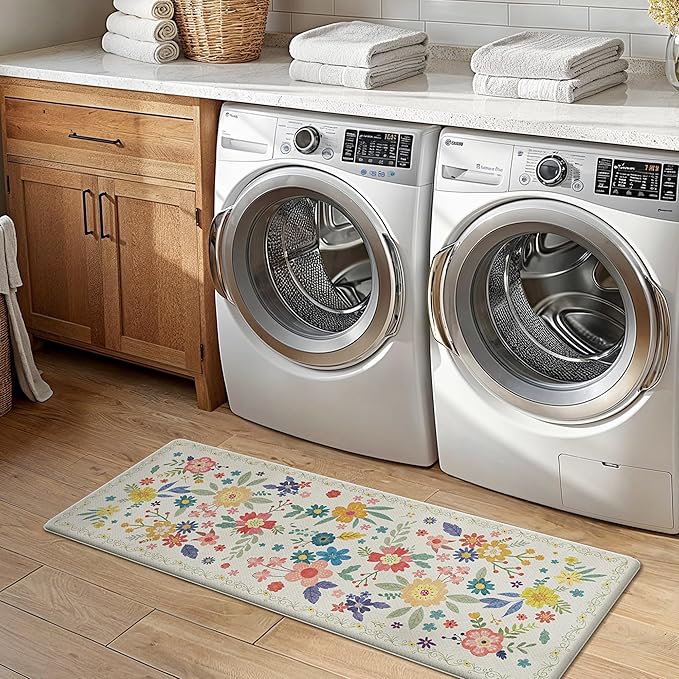 GENIMO Kitchen Mats for Floor 2PCS, Cushioned Kitchen Rugs Non Slip Washable, Farmhouse Anti Fatigue Mat Waterproof, Comfort Standing Mat Rug for Office, Home, Laundry, 17.3"x47"+17.3"x30", SoftWhite