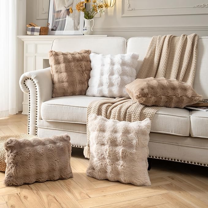Pack of 2 Thick Plush Throw Pillow Covers Fluffy Wave Faux Fur Decorative Cushion Covers Soft Wool Pillowcase for Sofa Couch Livingroom 18x18 Inch Beige