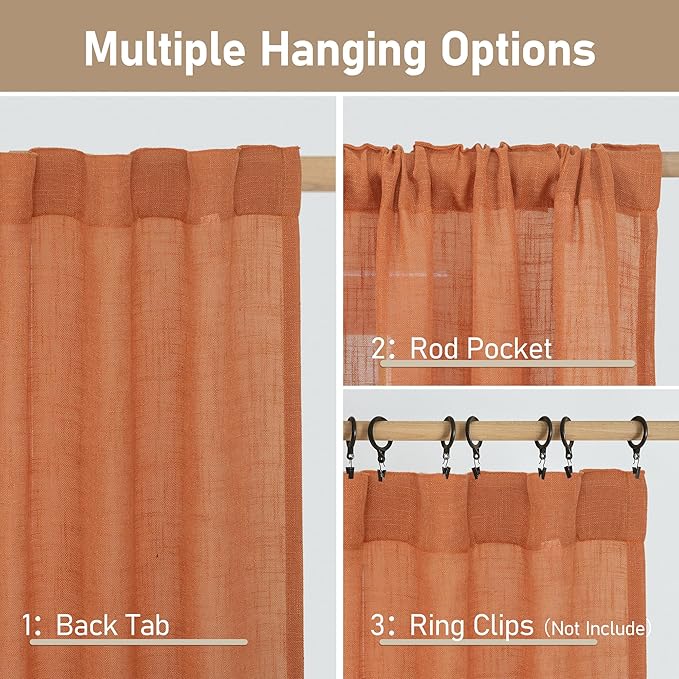 LAMIT Burnt Orange Linen Curtains 90 Inch for Living Room, Back Tab and Rod Pocket Linen Textured Farmhouse Curtains Light Filtering Drapes for Bedroom/Dining Room, Set of 2, 52 x 90 Inch