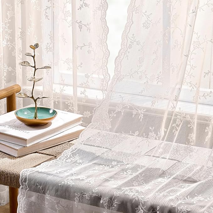 Sheer Lace Curtains 72 Inches Long, Vintage Floral Light Filtering Blush Pink Lace Curtains for Living Room & Bedroom, Rod Pocket, 2 Panels Set, Branch Pattern (Blush Pink, 52" W x 72" L)