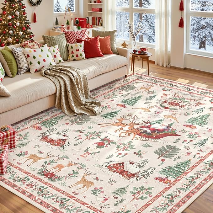 Lahome Christmas 8x10 Living Room Area Rug, Soft Christmas Tree Large Washable Rug for Bedroom, Non Slip Low Pile Indoor Floor Carpet for Home Office Xmas Holiday Decor, Beige